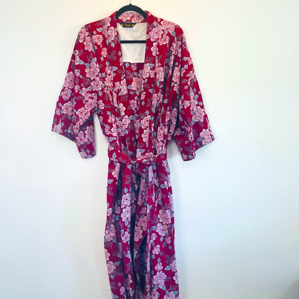 Vintage Burgundy, Pink & Blue Floral Japanese Yukata Robe